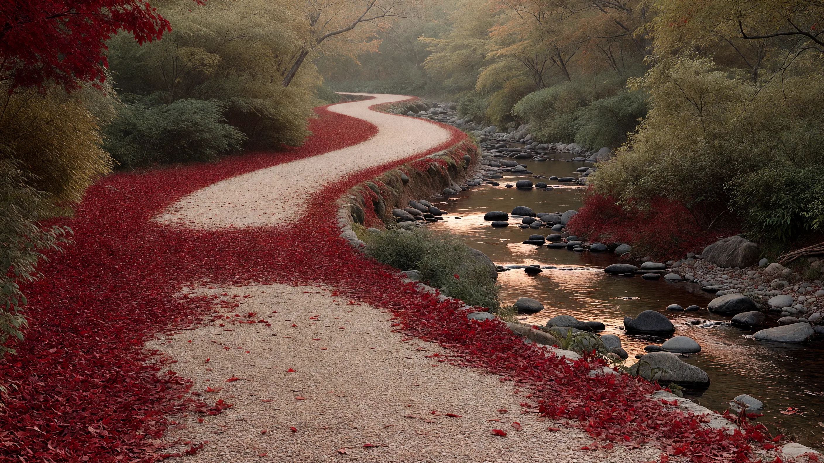 秋の川沿いの道